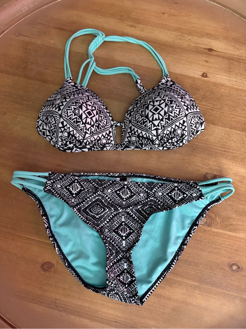 Trillium Black & Aqua Geometric Braided Halter Bikini